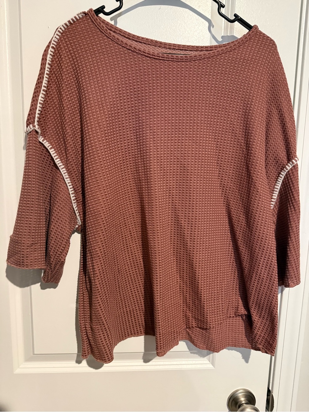 SHEIN Waffle Knit Boatneck Top in Dusty Rose with Contrast Stitching